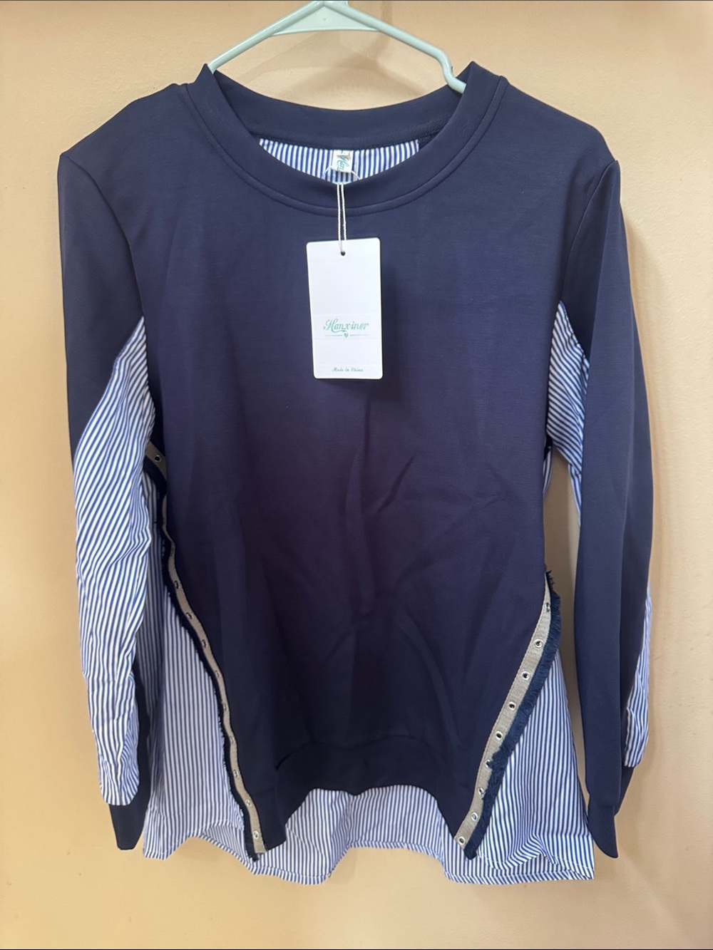 NWT Navy Layered-Look Top with Striped Accents